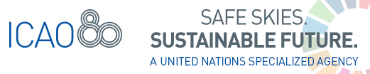 Logo da ICAO 80 anos com o texto: 'Safe Skies. Sustainable Future. A United Nations Specialized Agency'.