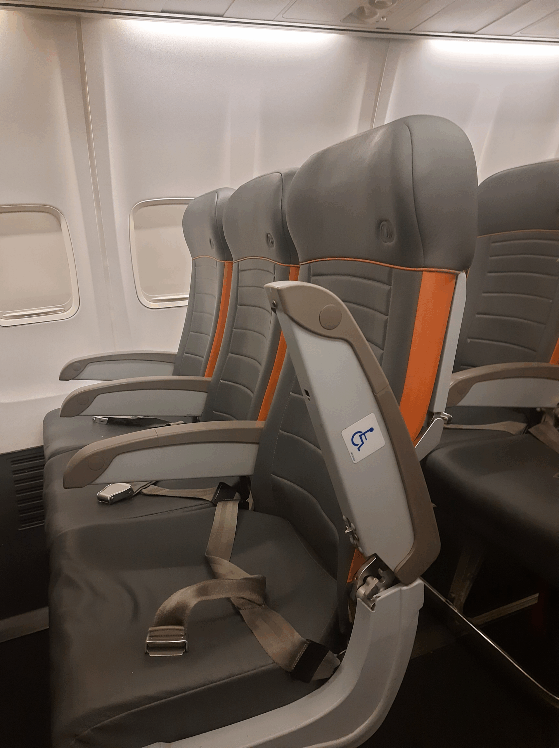Assentos preferenciais em uma aeronave com apoio de braço escamoteável, sinalizado com o ícone de acessibilidade. O apoio de braço do assento do corredor está levantado para facilitar a transferência de pessoas com mobilidade reduzida.